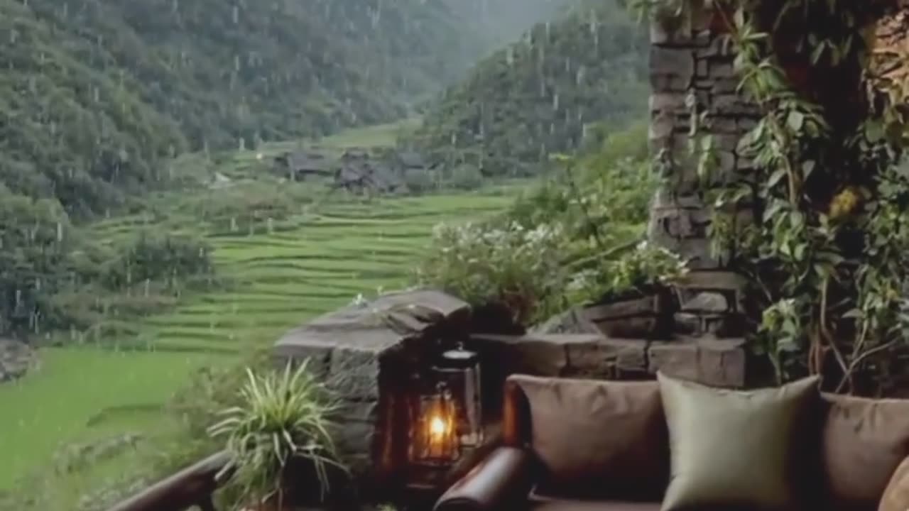 Panoramic resort balcony with raining, misty mountains, lush valley views.