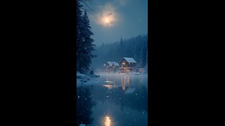 AS SNOWFLAKES GENTLY FALL ON A SERENE LAKE, THE MOON's SOFT GLOW PEEKS THROUGH THE CLOUDY SKY#shorts