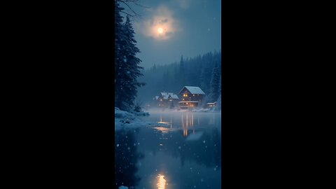 AS SNOWFLAKES GENTLY FALL ON A SERENE LAKE, THE MOON's SOFT GLOW PEEKS THROUGH THE CLOUDY SKY#shorts
