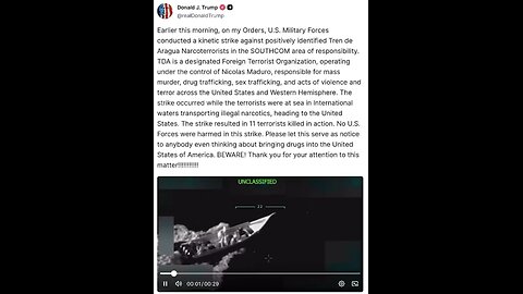 PRESIDENT TRUMP TRUTH SOCIAL💜🇺🇸🏛️🕺🎞️SHARE VIDEO U.S. MILITARY DESTROY DRUG BOAT🌎💥🚤💥🛩️👨‍🚀💫