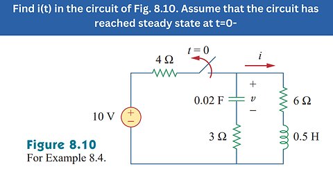 Example 8.4 | Find i(t) of Fig. 8.10. Assume the circuit reached steady state | FEC 4th Edition
