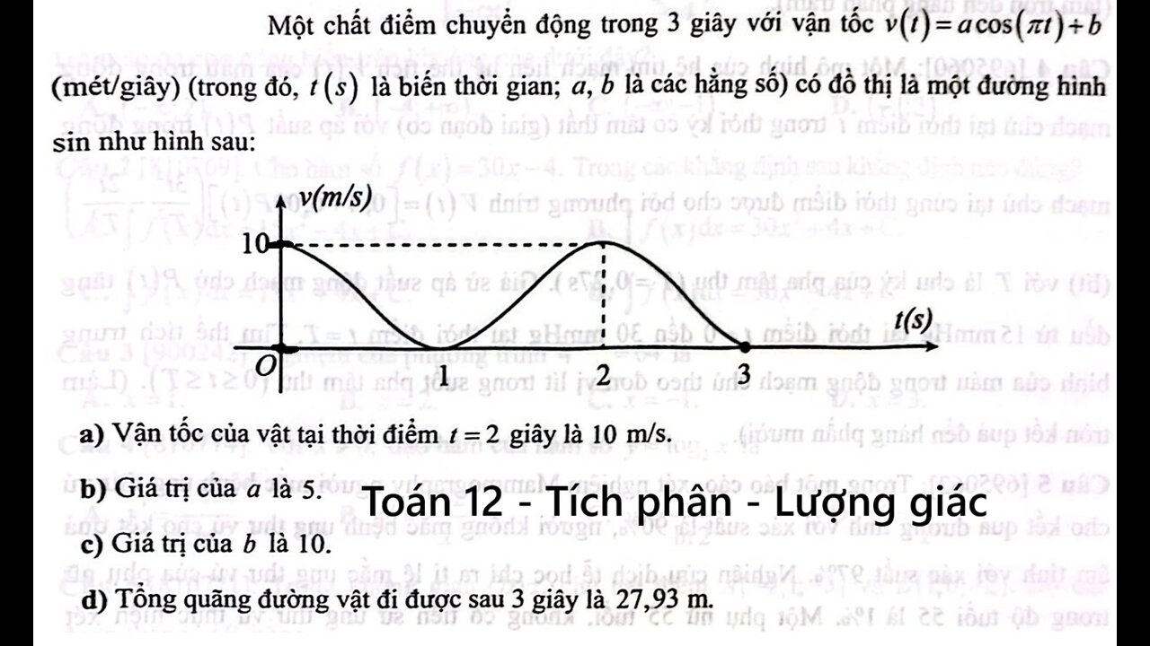 Toán 12: Một chất điểm chuyển động trong 3 giây với vận tốc v(t) = acos(pi t) + b ) (mét/giây)
