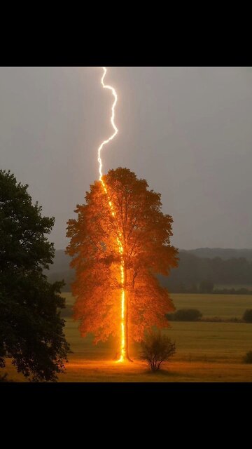 Lightning strikes a tree, caught on camera.