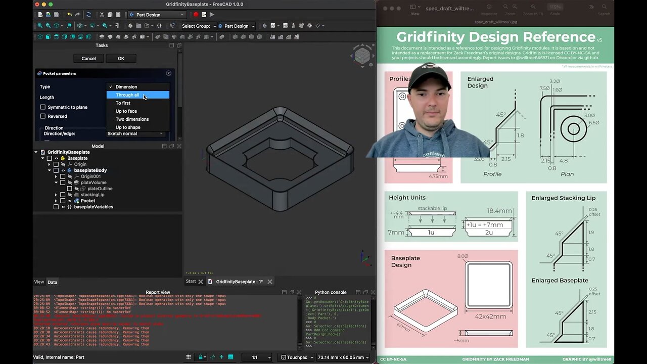 Gridfinity Baseplate in FreeCAD: Part 3 - Pads in 2 Dimensions with Pockets and Hole Patterns