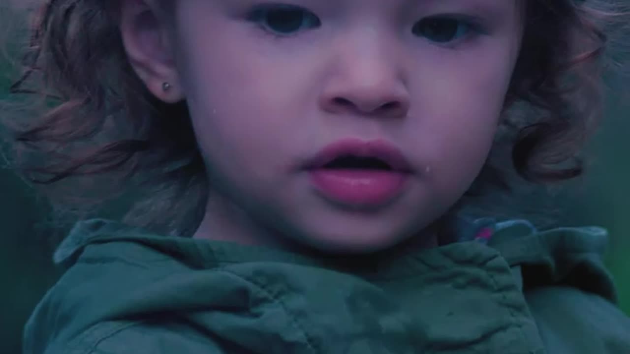 Little girl in nature with a marshmallow on a twig at a campfire