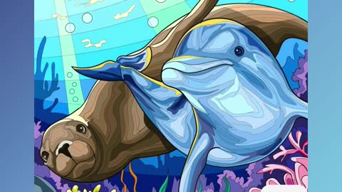 Colorful Underwater Illustration of a Dolphin and Seal in Ocean Habitat