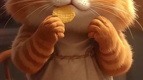 Fluffy Orange Cat Makes Potato Chips