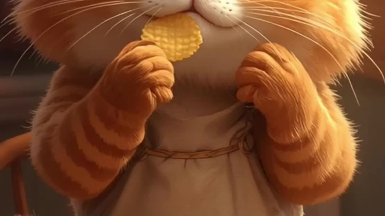 Fluffy Orange Cat Makes Potato Chips