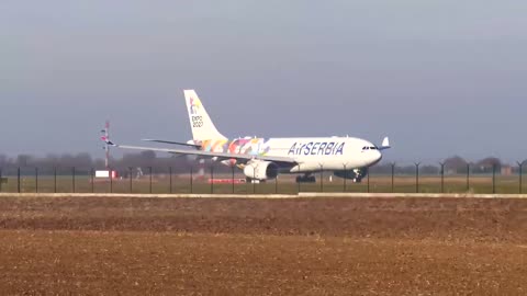 Takeoff of the Air Serbia Airbus A330-200 at Belgrade Airport, Serbia