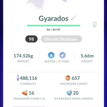 Pokemon Go Evolution - 98% iV Shadow Magikarp ➡️ Gyarados