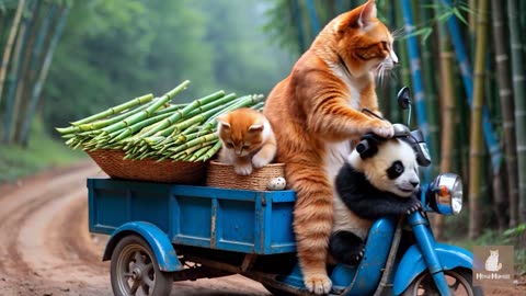 Mama Cat and Kitten Ride a Dog Sled in the Mountains Cozy Snow Adventure