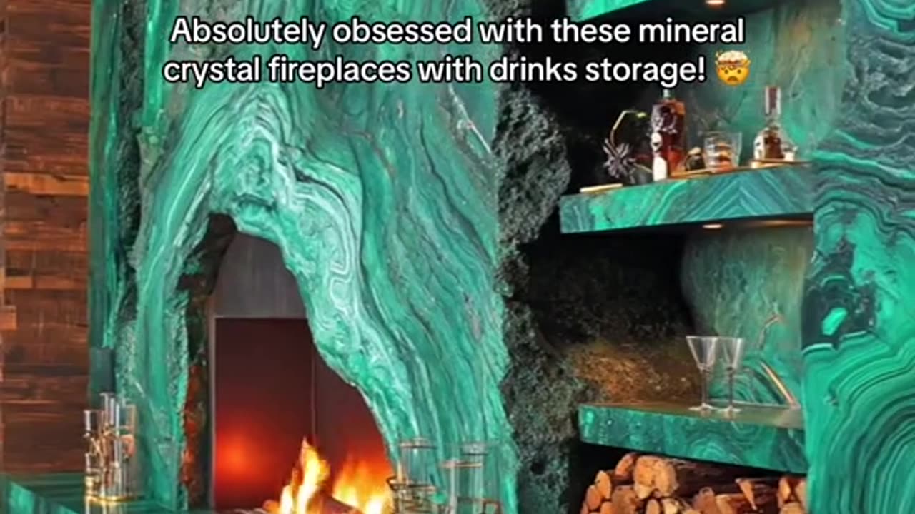 Absolutely obsessed with these mineral crystal fireplaces with drinks storage!