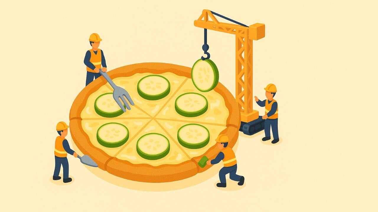 Tiny Crew builds GIANT ZUCCHINI PIZZA with absurd precision!