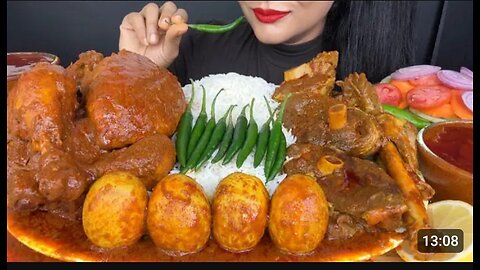 ASMR EATING SPICY WHOLE CHICKEN CURRY,MUTTON CURRY,EGG CURRY WITH WHITE RICE AND SALAD