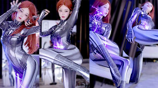 Sexy Spider-Woman costume swap in a tight bodysuit, twisting waist and teasing curves