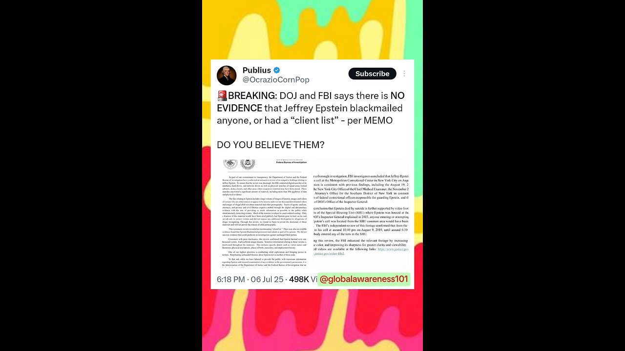 DOJ FBI say there is NO EVIDENCE Epstein blackmailed anyone or has client list.