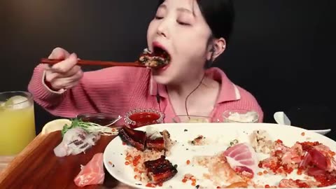 Salmon Sashimi, Tuna, Soy-Marinated Shrimp Seafood Mukbang ASMR