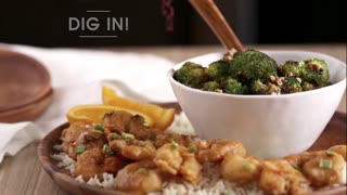 Orange Sriracha Shrimp and Broccoli with Pecan Crunch
