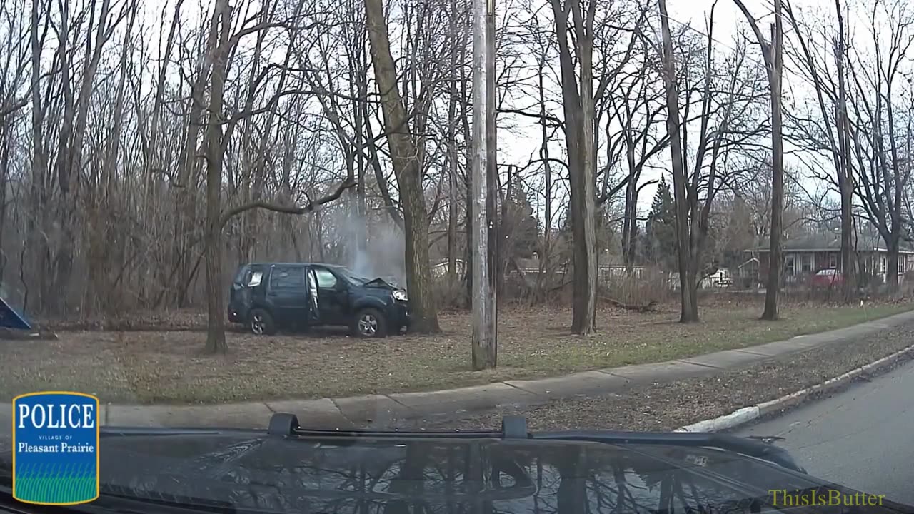 Dashcam shows carjacked vehicle crashes during pursuit, armed suspects flee on foot