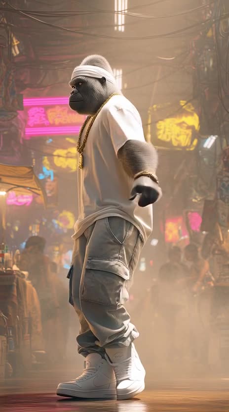 Gorilla standing confidently in a bustling urban street market