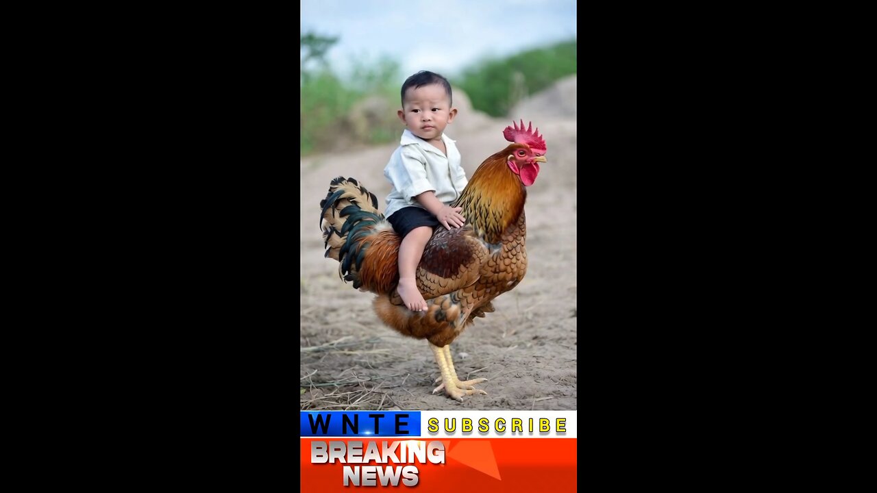 A child enjoys sitting on a chicken's back.