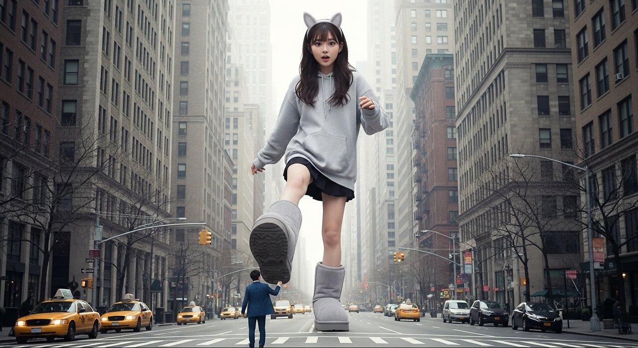 Giant East Asian Girl with Light Grey ugg boot step on The Tiny man get Flatten