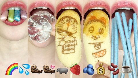 asmr EMOJI FOOD 🌈💦🦦🦦🦛🍓🫐💰🫘☕️ 이모지 먹방 eating sounds