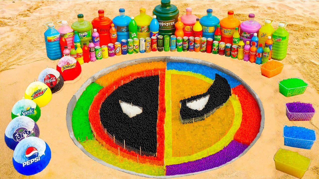How to make Rainbow Deadpool 3 Logo with Orbeez, Big Balloons of Fanta, Coca Cola vs Mentos & Sodas