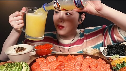 Delicious salmon with flying fish roe sandwich