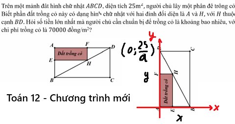 Toán 12: Trên một mảnh đất hình chữ nhật ABCD diện tích 25 m^2 người chủ lấy một phần để trồng cỏ.