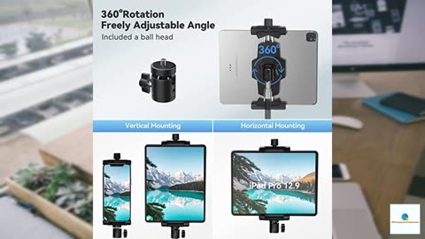 iPad and Phone Tripod Mount Adapter with Ball Head, iPad Holder for Tripod, 360 Rotatable