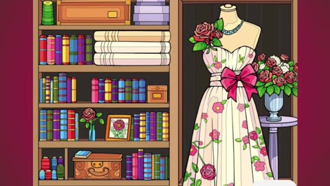 Beautiful Floral Dress Displayed in Artistic Library Setting with Colorful Books