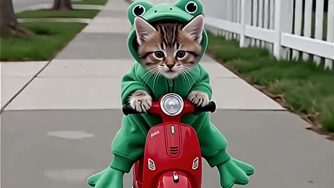 Frog Kitty on a Motorcycle 🐸🐱🏍️💚 _ Adorable Cat Riding a Tiny Bike!