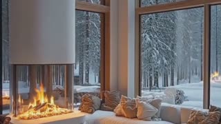 Elegant winter resort room with panoramic snowy views.
