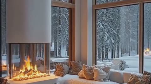 Elegant winter resort room with panoramic snowy views.