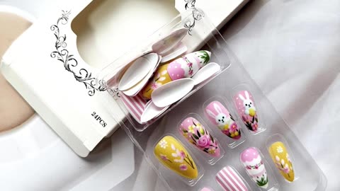 💅 Coffin Press-On Nails – Yellow Bee & Flower Design 🌼🐝