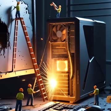 Miniature Workers computer with a broken screen Ai Video Generator @NanoVisionsAI