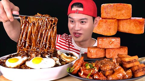 Black Bean Noodles With Fried Shrimp Spam MuKBang!