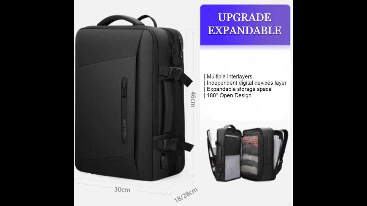 Waterproof Backpack with Multiple Compartments, Independent Digital Layer, expandable, 180°Open