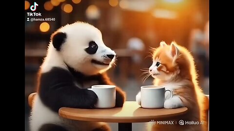 beautiful Panda enjoy a tea with cat 😺