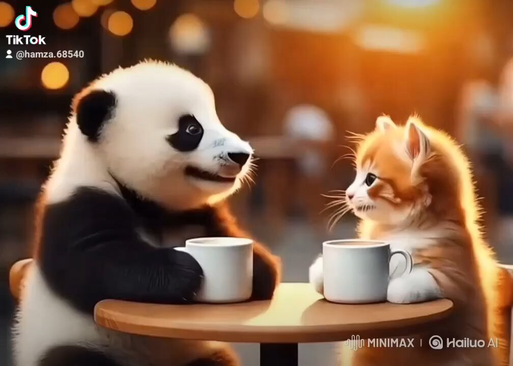 beautiful Panda enjoy a tea with cat 😺