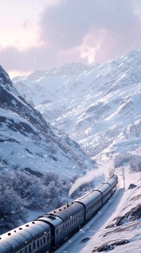 a train passing through snow-covered peaks of Kashmir