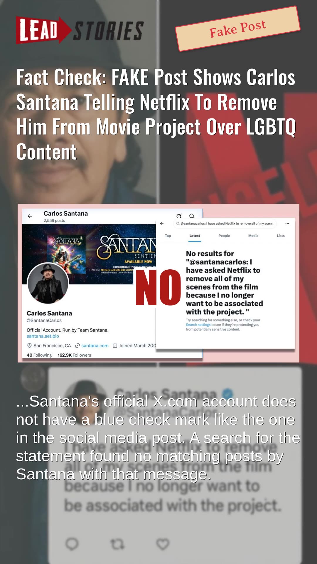 Fact Check: FAKE Post Shows Carlos Santana Telling Netflix To Remove Him From Movie Project