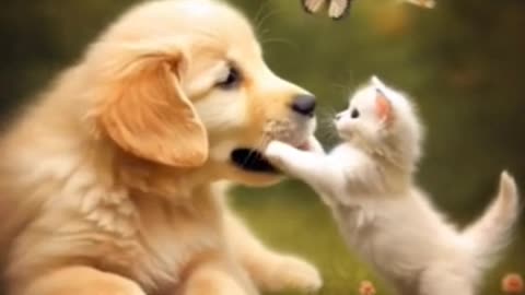 Puffy and lethargic cute puppy and kitten