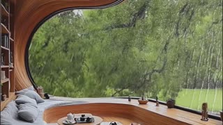 Curved Wooden Resort Lounge with Panoramic Rainy Forest.