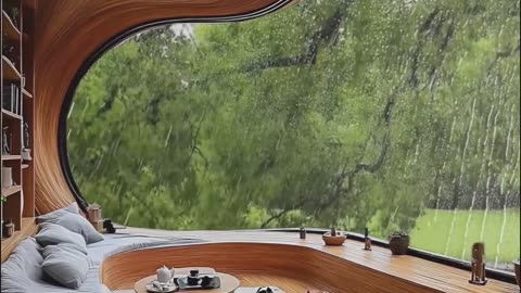 Curved Wooden Resort Lounge with Panoramic Rainy Forest.