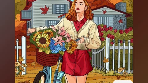 Woman with Bicycle and Flowers in Autumn Urban Neighborhood