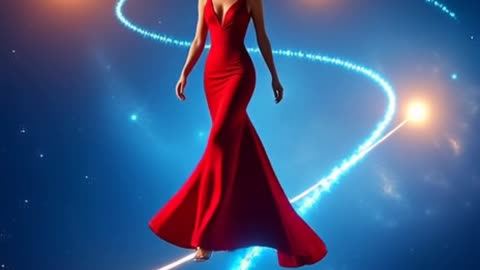 Elegant Model in Crimson Gown Walks a Tightrope Between Blazing Comets