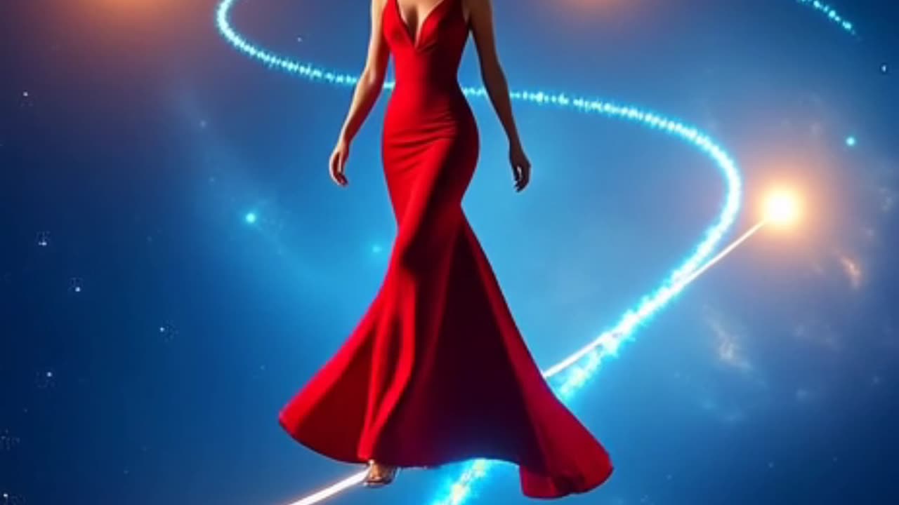 Elegant Model in Crimson Gown Walks a Tightrope Between Blazing Comets