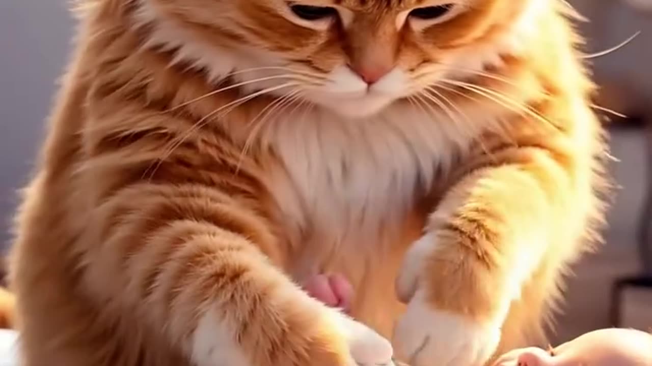 Cute little baby and beautiful cat